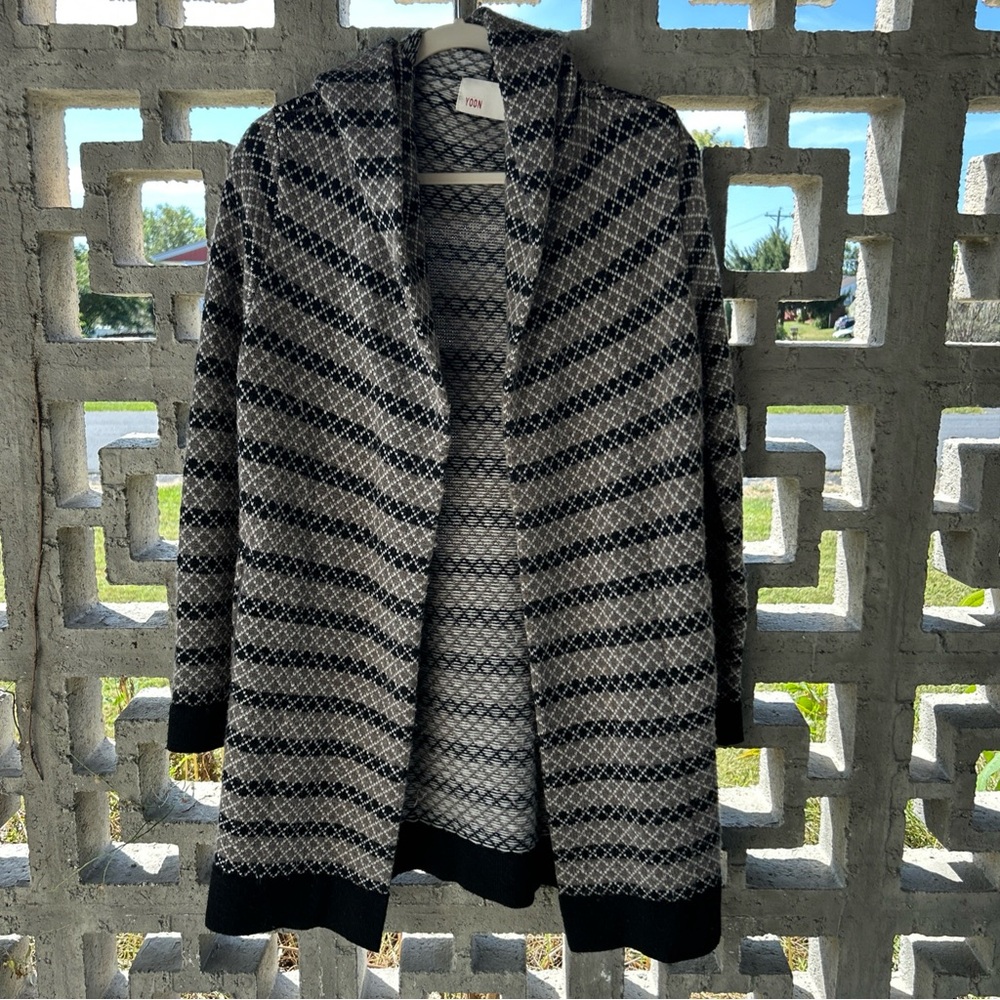 Anthropologie Yoon Sweater Monochrome Geometric Cardigan Hooded Oversized